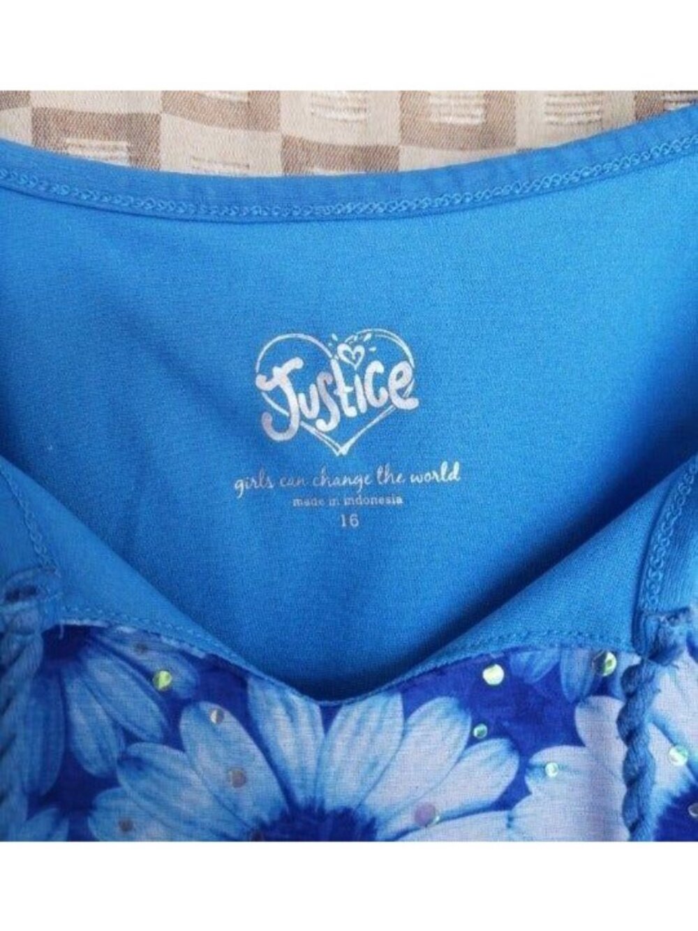 Justice Girls Top 16 Blue Sunflower Sleeveless Embellished Cottage Festive Boho - Picture 3 of 4